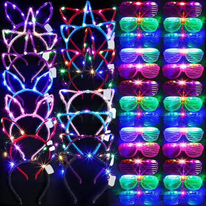 Honoson 15 Pcs LED Light up Glasses 15 Pcs Cat LED Cute Headband Cat Ears Sunglasses Glow in the Dark Party Supplies(shor...