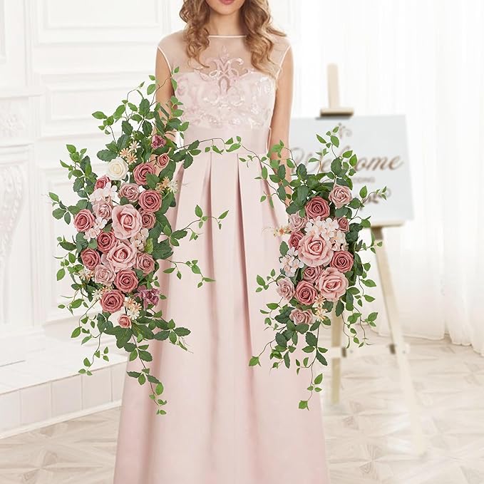 Arch Flower Kit of 2 - Artificial Floral Swag for Wedding Welcome Sign, Reception Ceremony Signs, Chair Decor (Dusty Rose)