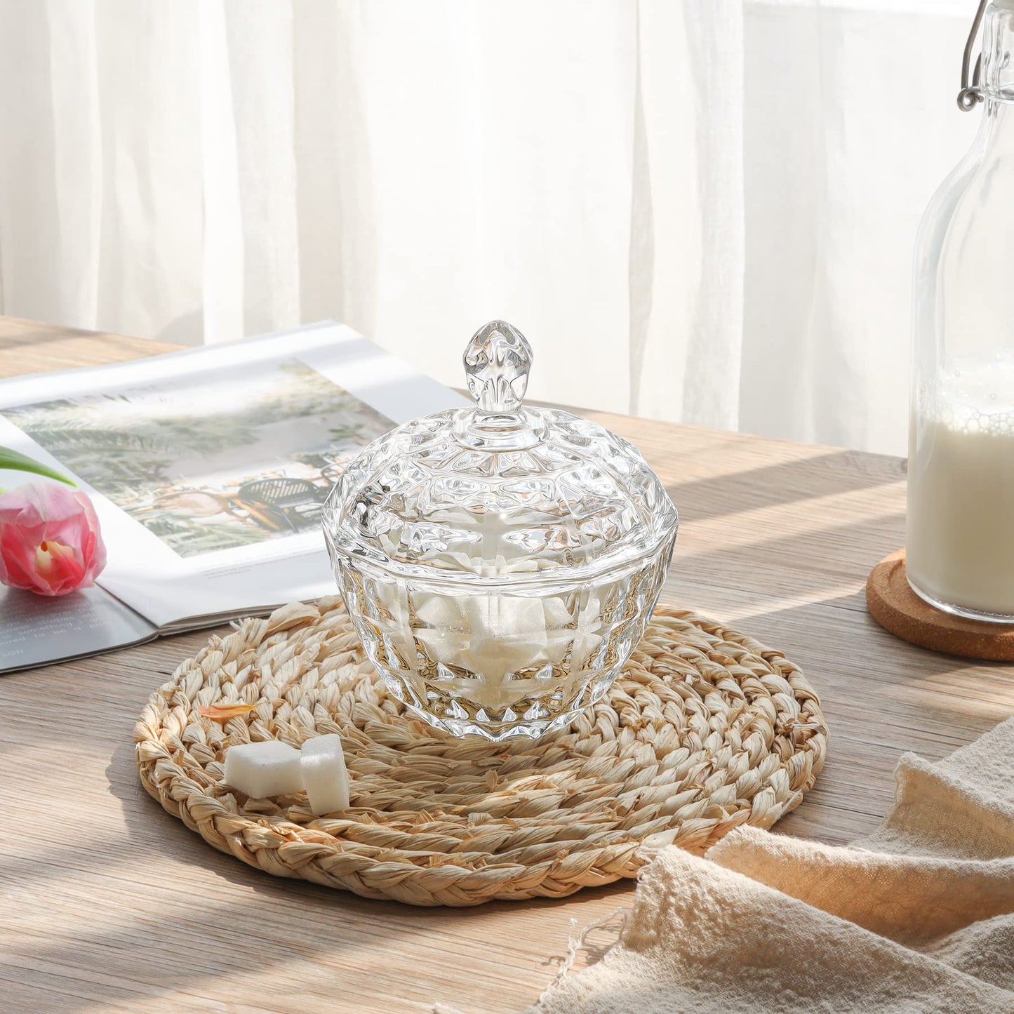 ComSaf Glass Candy Dish with Lid, 9OZ Small Candy Jars with lid for Office Desk, Covered Candy Dish for Office Desk, Decorative Cute Glass Jar, Jewelry Box for Wedding Party Buffet Decor