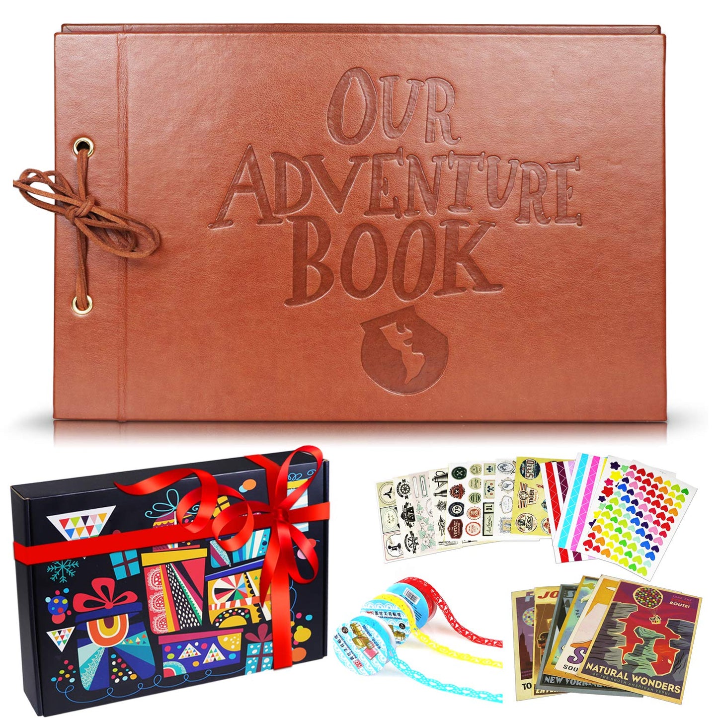 Scrapbook Albums, LUNIQI Leather Embossed Letter Cover Our Adventure Book, Hand Made DIY Collecting Photoes for Family, Party, Marry, Travel, Hold 3X5, 4X6, 5X7, 6X8, Stickers, Gift Box