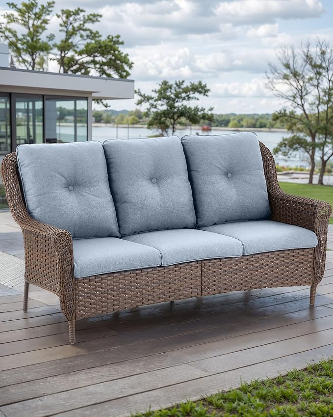 ACTREST Patio Couch Outdoor Wicker Sofa - Heavy Duty All-Weather Brown Rattan 3-Seater with High Back and Comfortable Thick Cushions for Garden Back Porch Poolside Apartment - Baby Blue