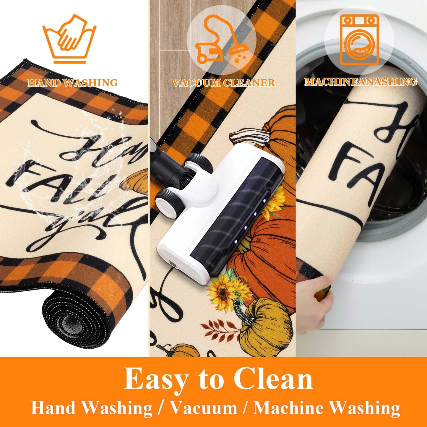 HEBE Fall Kitchen Rugs Sets of 3, Non Slip Pumpkin Kitchen Rugs and Mats, Washable Kitchen Mats for Floor, Autumn Kitchen Runner Floor Carpet for Thanksgiving Holiday Decor
