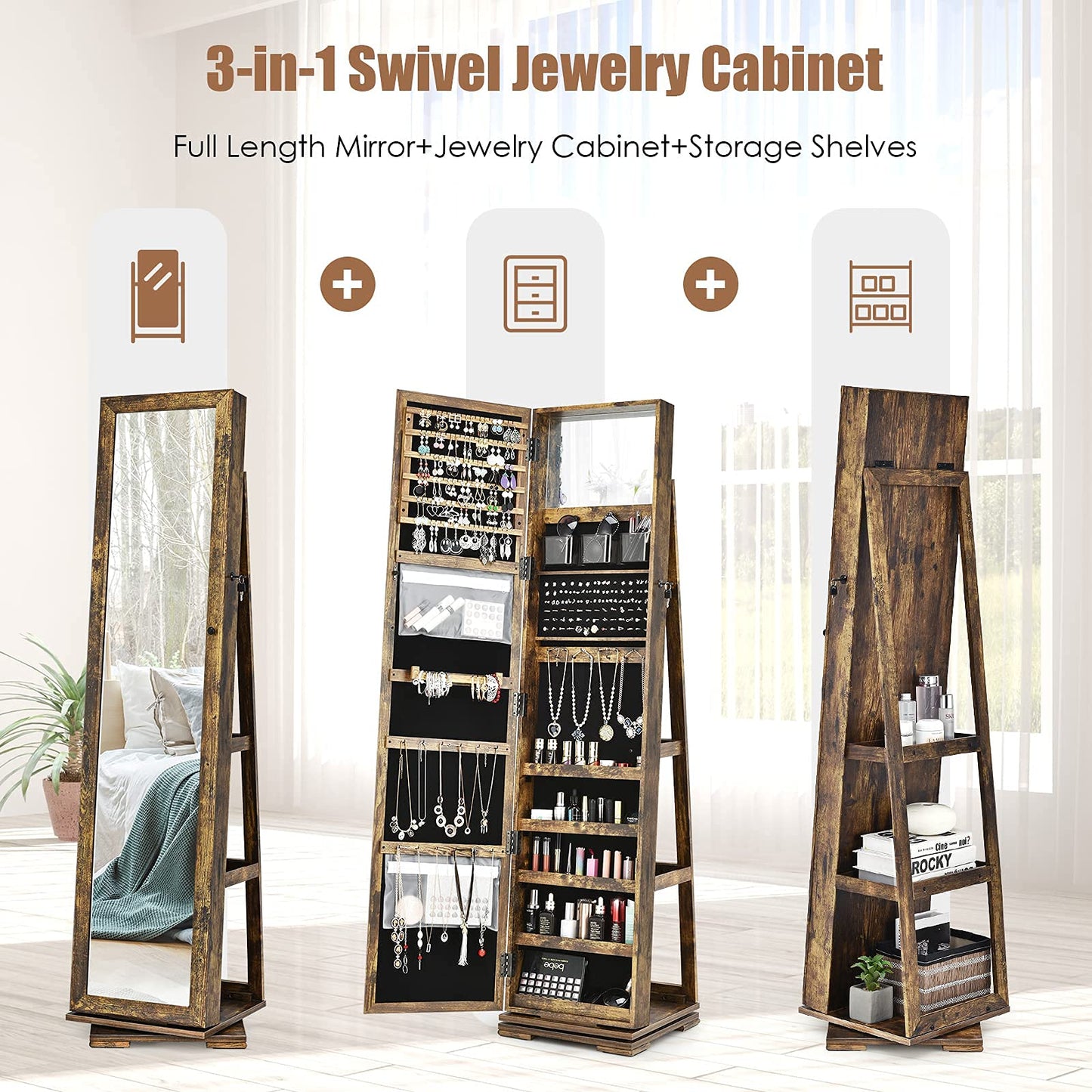 Hysache 360 Rotating Mirrored Jewelry Cabinet, Free Standing Jewelry Armoire, 2-in-1 Lockable Large Capacity Jewelry Organizer w/Full Length Mirror, Inside Makeup Mirror, 78 Ring Slots(CF)
