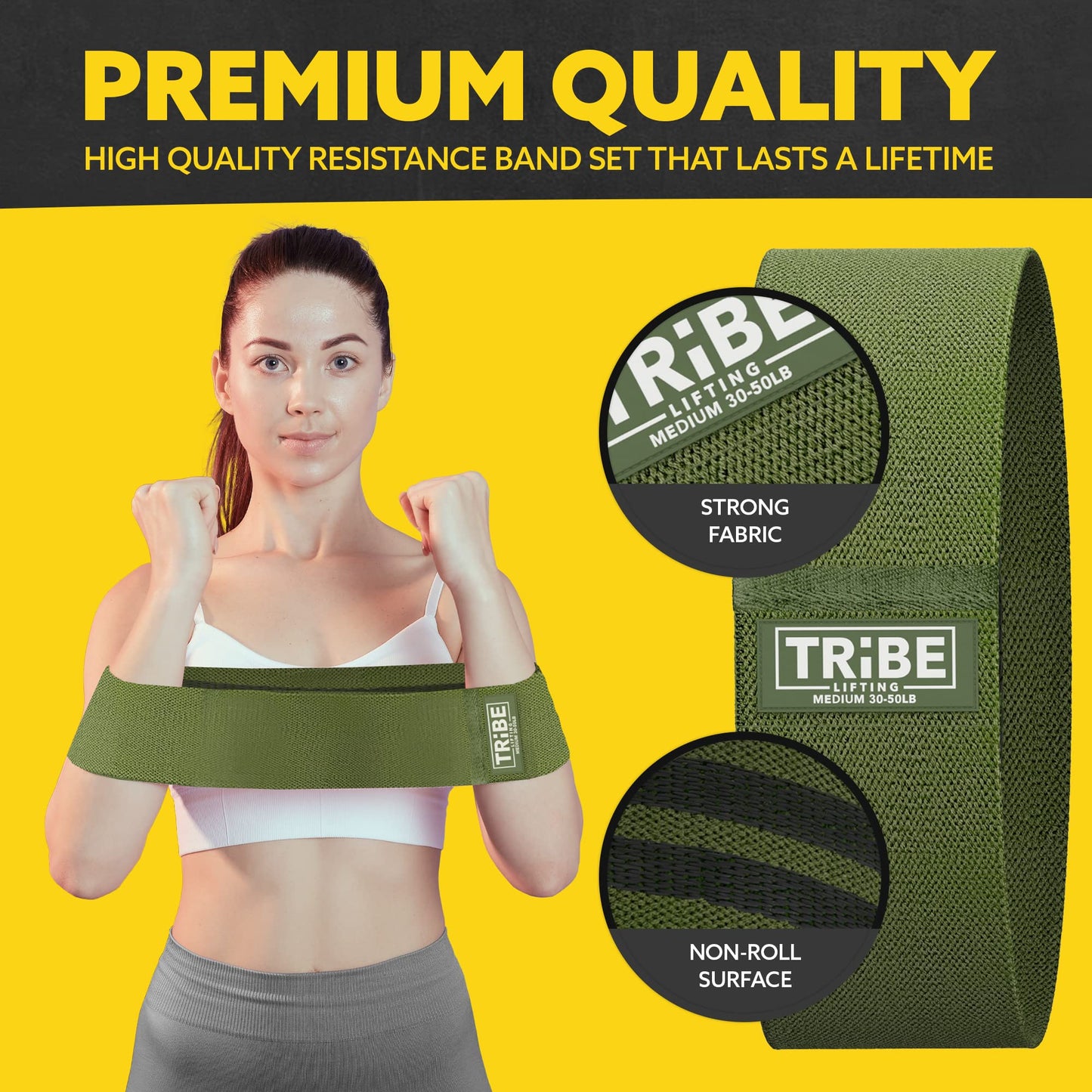 Tribe Lifting Fabric Resistance Bands for Exercise - Hip Bands for Working Out Legs, Glutes, Knees and Thighs for Men and Women - Cloth Circle Booty Bands for Physical Therapy (Military Green)