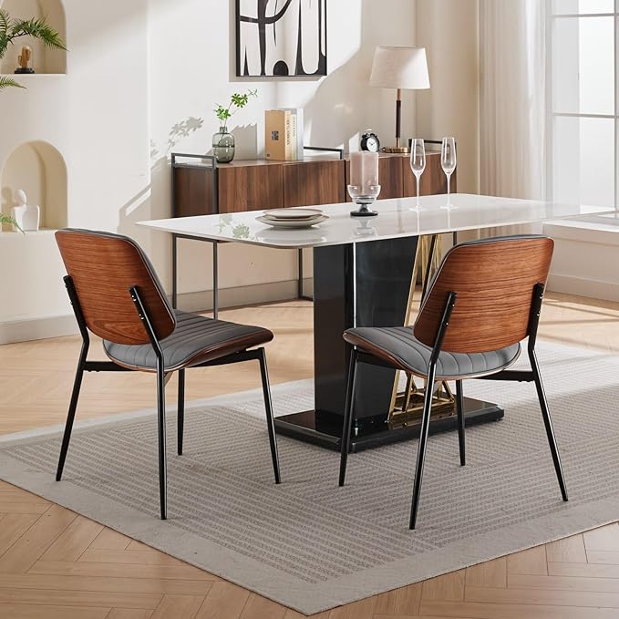 YaFiti Dining Chairs Set of 8, Mid Century Modern Accent Dining Room and Kitchen Chairs, Upholstered PU Leather Vertical Stripe Chairs for Vanity with Walnut Bentwood and Metal Legs, Gray