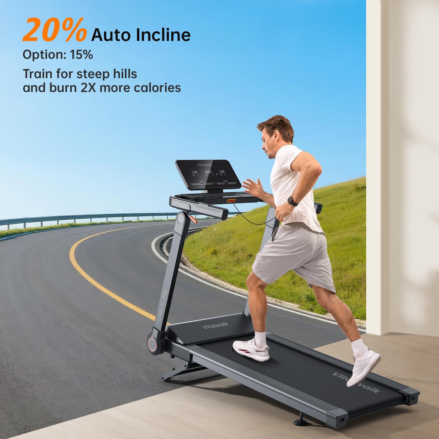 Vitalwalk Foldable Treadmill with Auto Incline, 48"x18" Wide Running Belt, 10MPH, 3.5HP Brushless, Walking Pad Treadmill for Home, Auto Folding, No Installation, 350LBS Capacity, APP, 20% Auto Incline