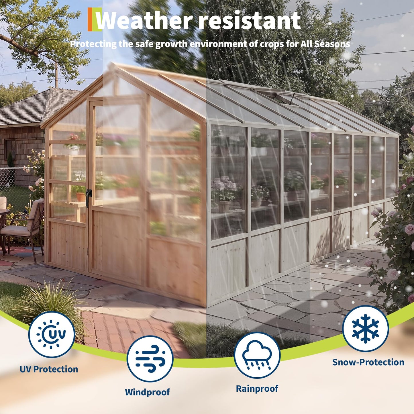 8x16FT Wooden Greenhouse for Outdoor, Walk-in Large Wood Frame Green House Greenhouse Kit with Ventilated Window Lockable Door and Polycarbonate Panels for Garden Backyard Patio Lawn Plant