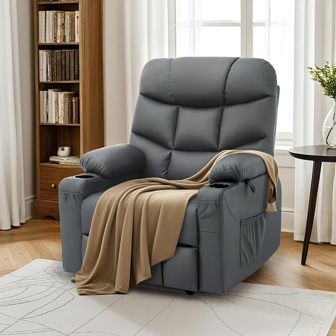 MCombo Power Lift Recliner Chair with Extended Footrest for Elderly People, Faux Leather 7287 (Dark Grey, Medium)