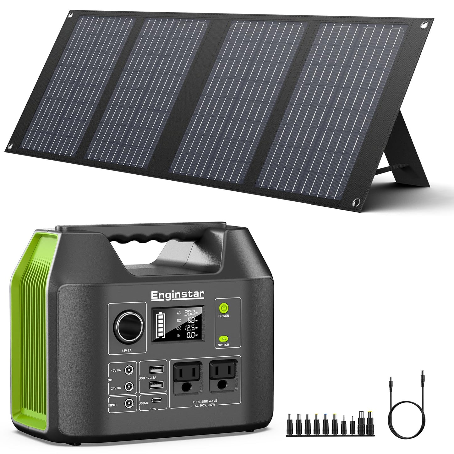 EnginStar Portable Power Station, 300W 296Wh Battery Bank with 110V Pure Sine Wave, 60W Foldable Solar Panel with 18V DC Outlet for Portable Power Stations