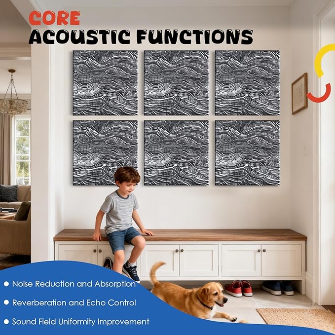EVENRISING Acoustic Wall Panels 6 Pack, 24"x24"Decorative Art Soundproof Panels, Sound Absorbing Self-Adhesive Panel, Acoustic Treatment for Studio, Home Theater, Office (Ocean AuraStone)