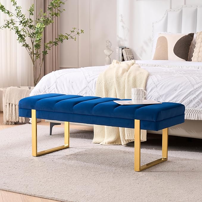 AIITTCC Velvet Ottoman Bedroom Bench, 46.5" Tufted Padded End of Bed Bench with Gold Legs, Upholstered Shoe Bench for Living Room Entryway Window (Navy Blue, 46" Wide)