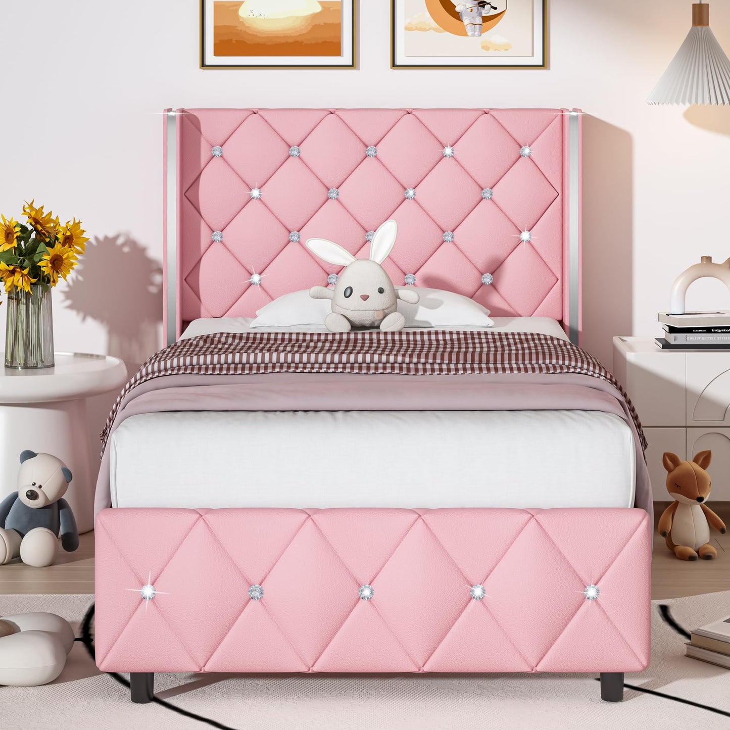 Twin Bed Frame with Headboard, Velvet Upholstered Bed with Diamond Tufted Design, Princess Twin Bed Frames for Kids, No Box Spring Required, Easy Assembly, Pink