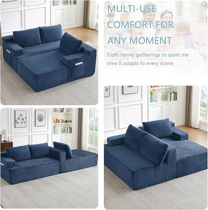 96" Cloud Sectional Couch with L-Shape Chaise, Modern Corduroy Boneless Couch for Living Room,Memory Foam Sofa with Deep Seat,No Assembly Required (Blue,Right-Facing Chaise)