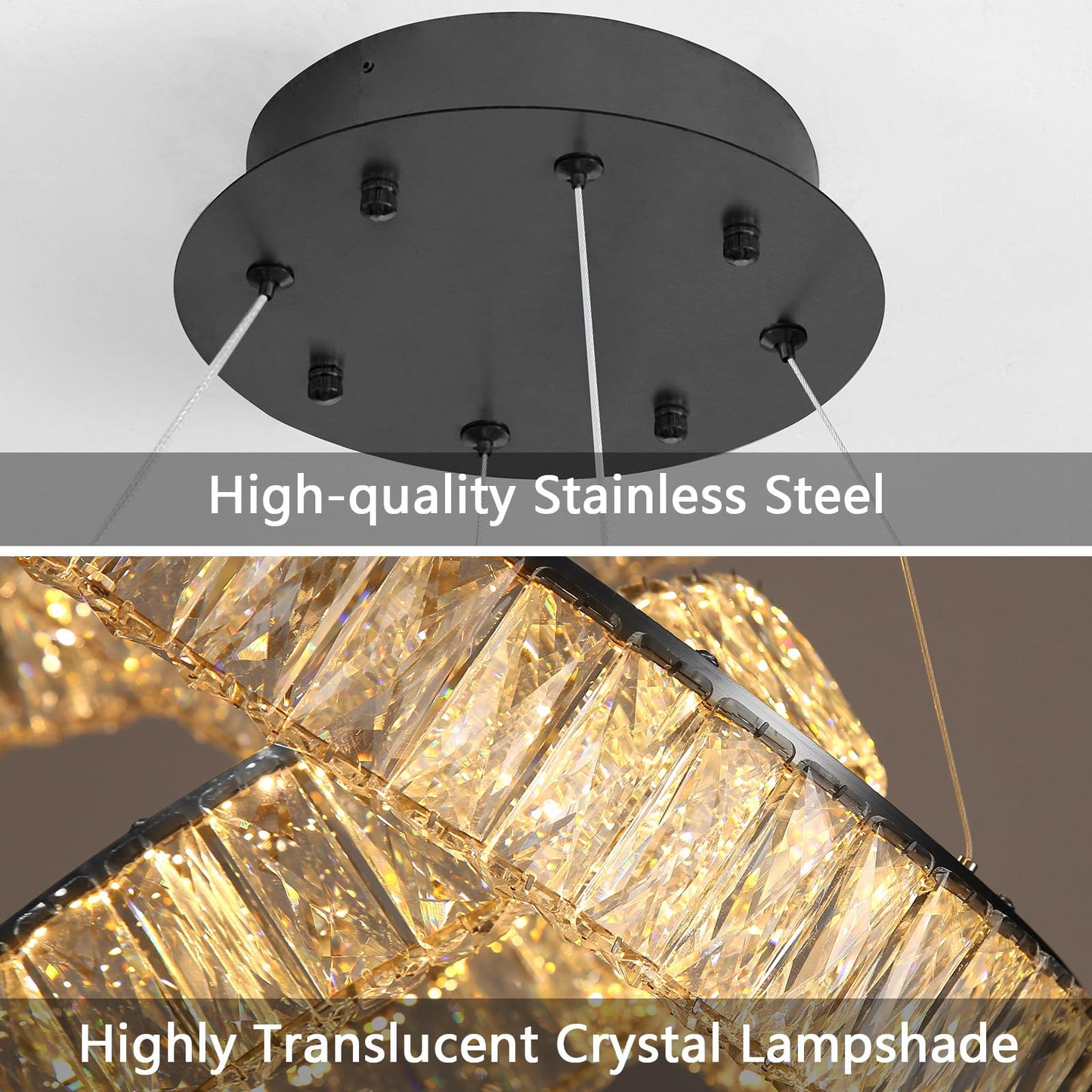 HAIXIANG Modern Crystal Chandelier Dimmable LED 16 Inch Ring Pendant Lights Adjustable Glam Chandeliers Lighting Fixtures for Dining Room Living Room Bedroom Black Light