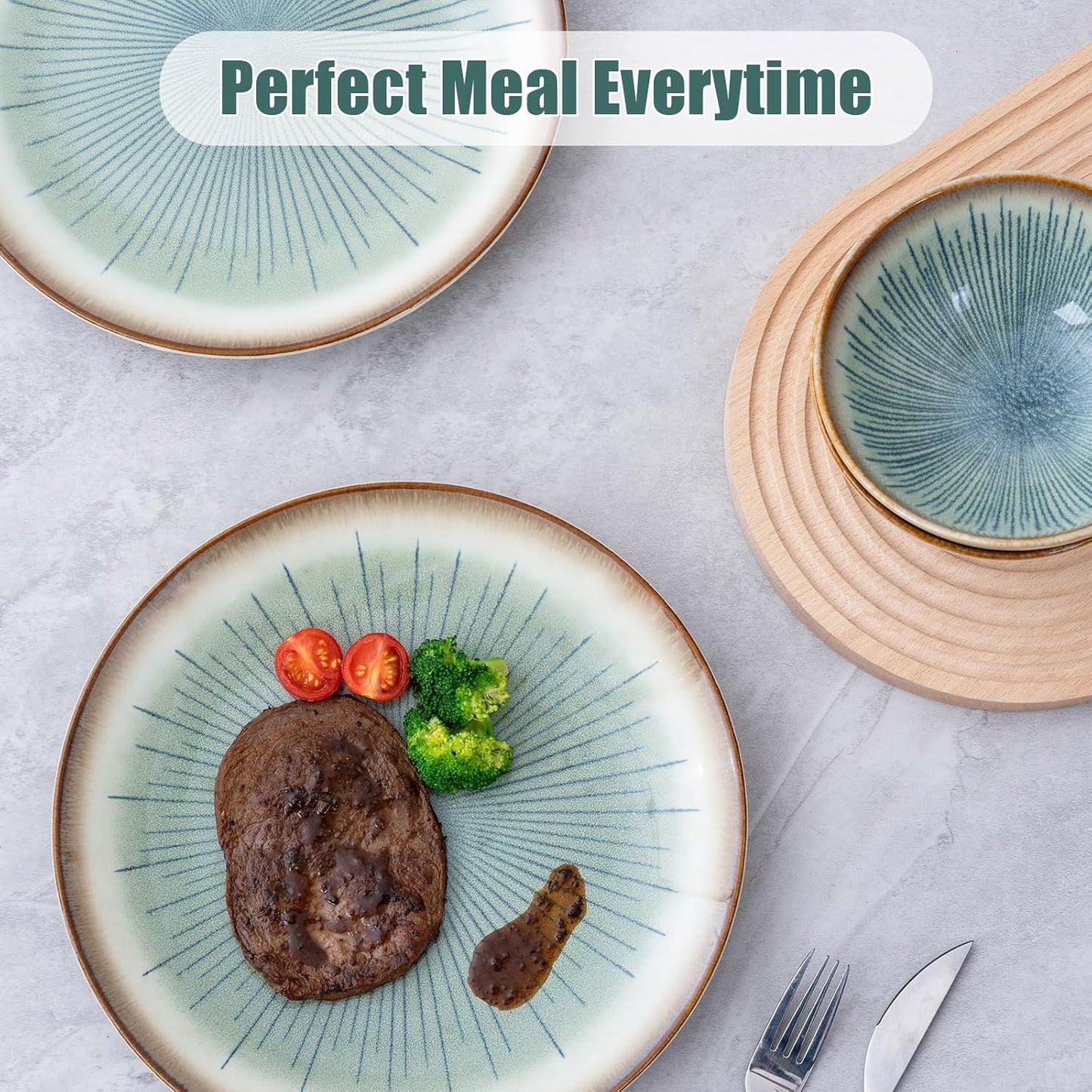 Dinnerware Set Green Stoneware 16 Pieces Service for 4, Stoneware Plates and Bowls Set Highly Chip Dishwasher Microwave Safe Dishes set