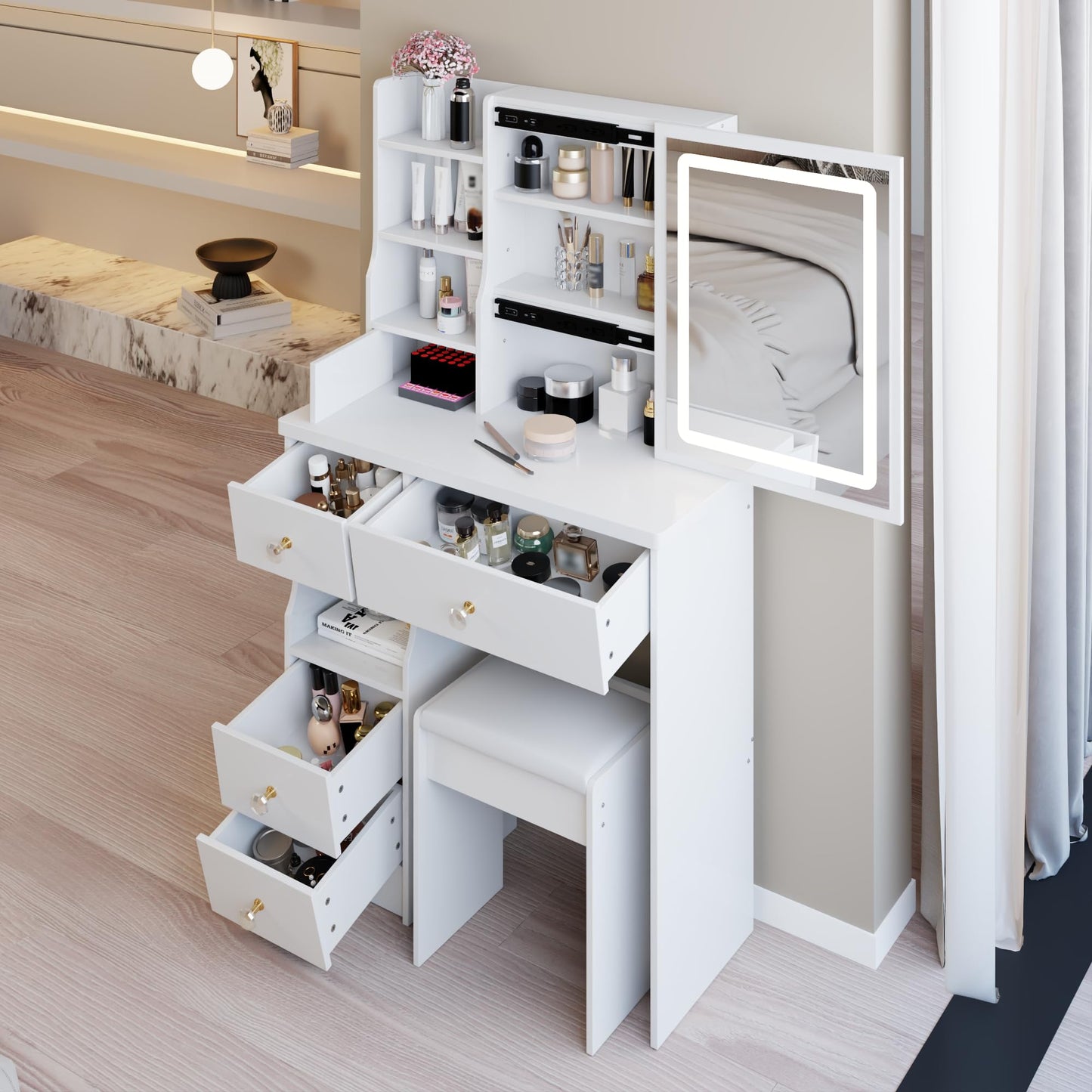 Zyerch Small Makeup Vanity Desk with Mirror and LED Lights, Small Vanity Desk with Storage Stool, 3-Mode Adjustable Lights, Compact Vanities with Storage Shelves Drawers，White