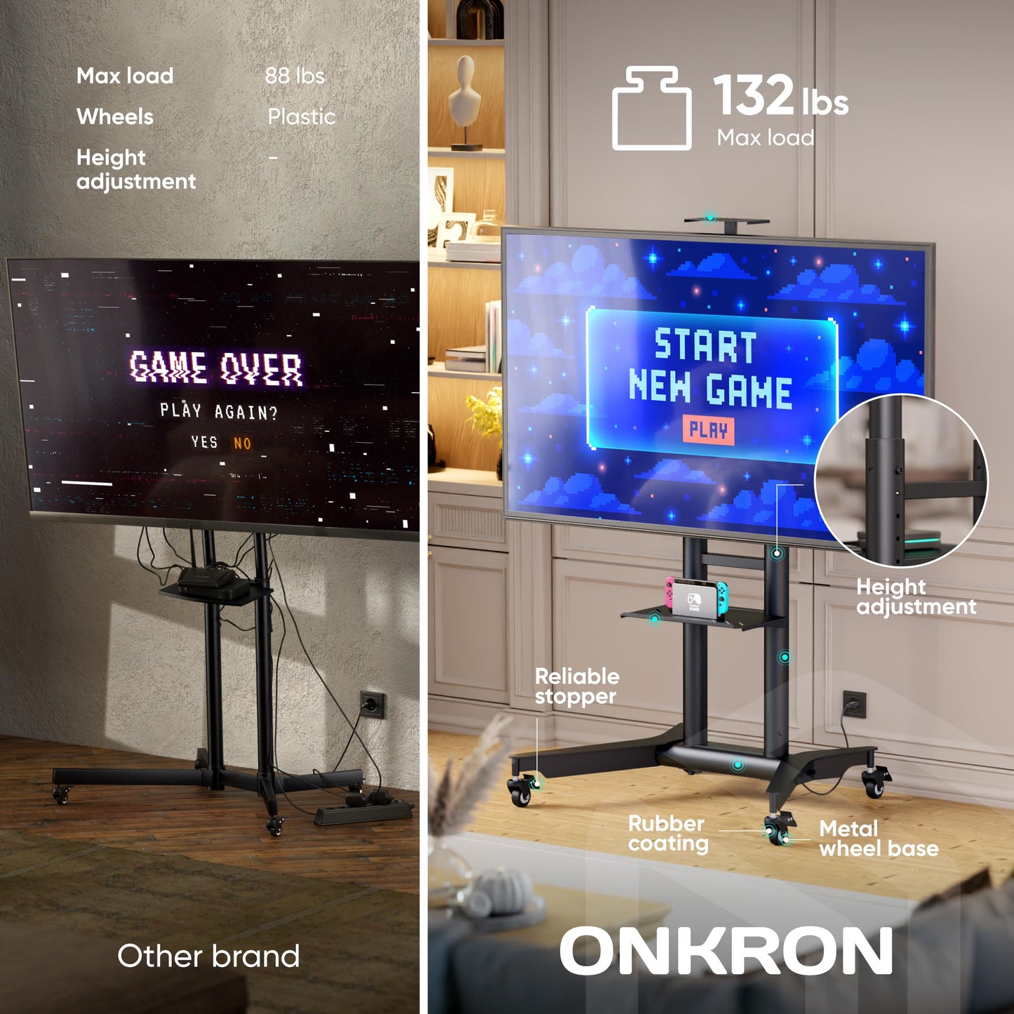 ONKRON Mobile TV Stand on Wheels for 32-75 Inch Screen, max Load 132 lbs, Height Adjustable TV Portable Stand, max VESA 600x400, Movable TV Cart Rolling TV Stand with Shelf, Lockable Wheels Black