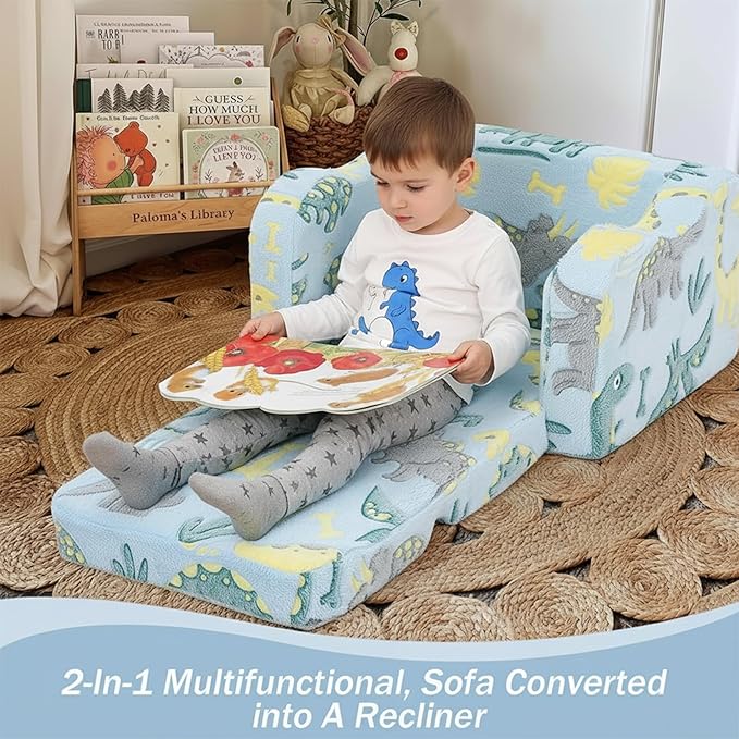 MeMoreCool Toddler Chair – Convertible Glowing Dinosaur Flip-Out Kids Sofa | 1–3 Years | Soft Foam Couch for Playroom, Reading & Relaxing | Fold-Out Lounge Seat with Washable Cover