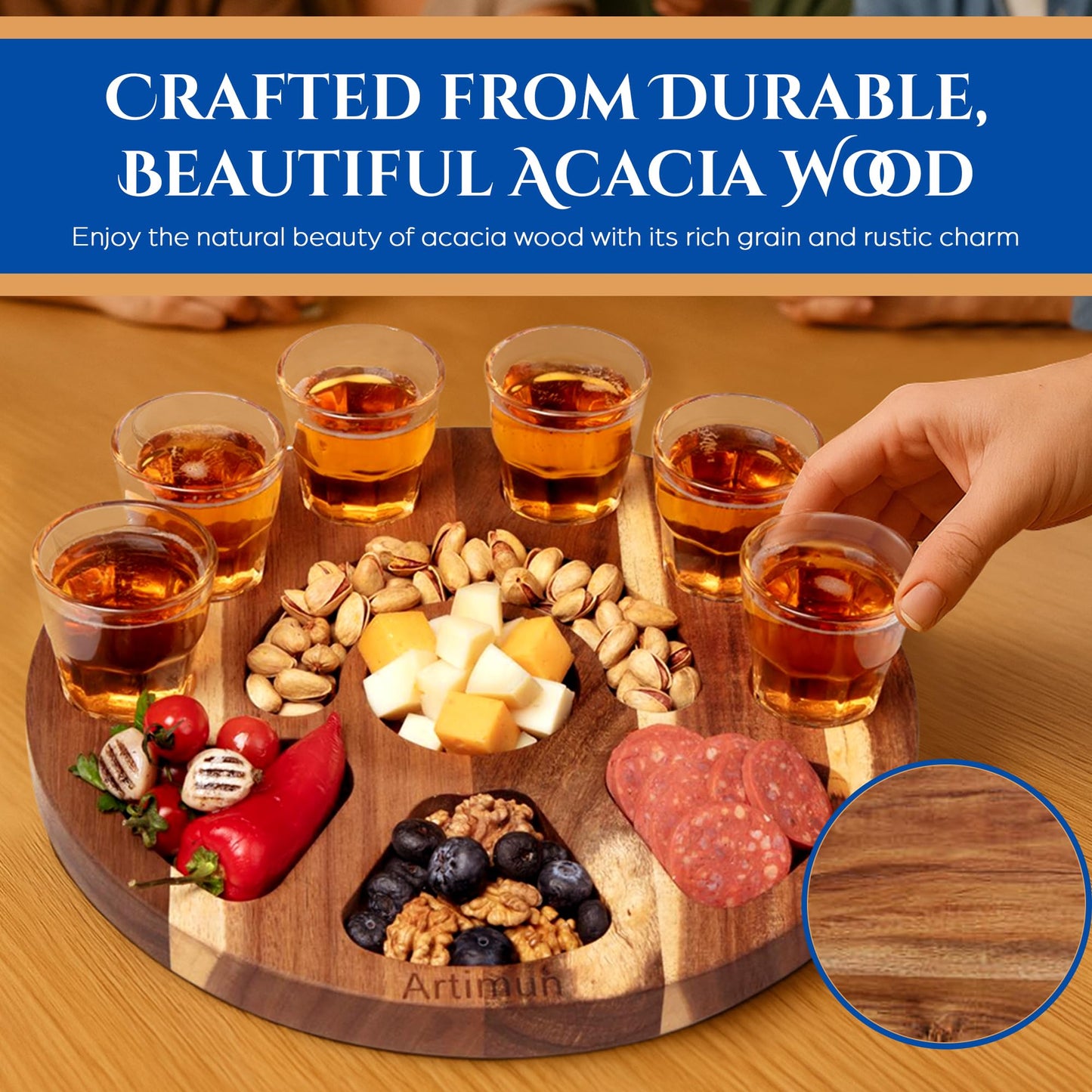 ARTIMUN Tequila Shot Glasses Wooden Tray for Gift and Decorations, Elegant Serving Tray for Parties and Celebrations, Shot Glasses Set, Charcuterie Boards, with Six Drinking Glasses, Bar Accessories