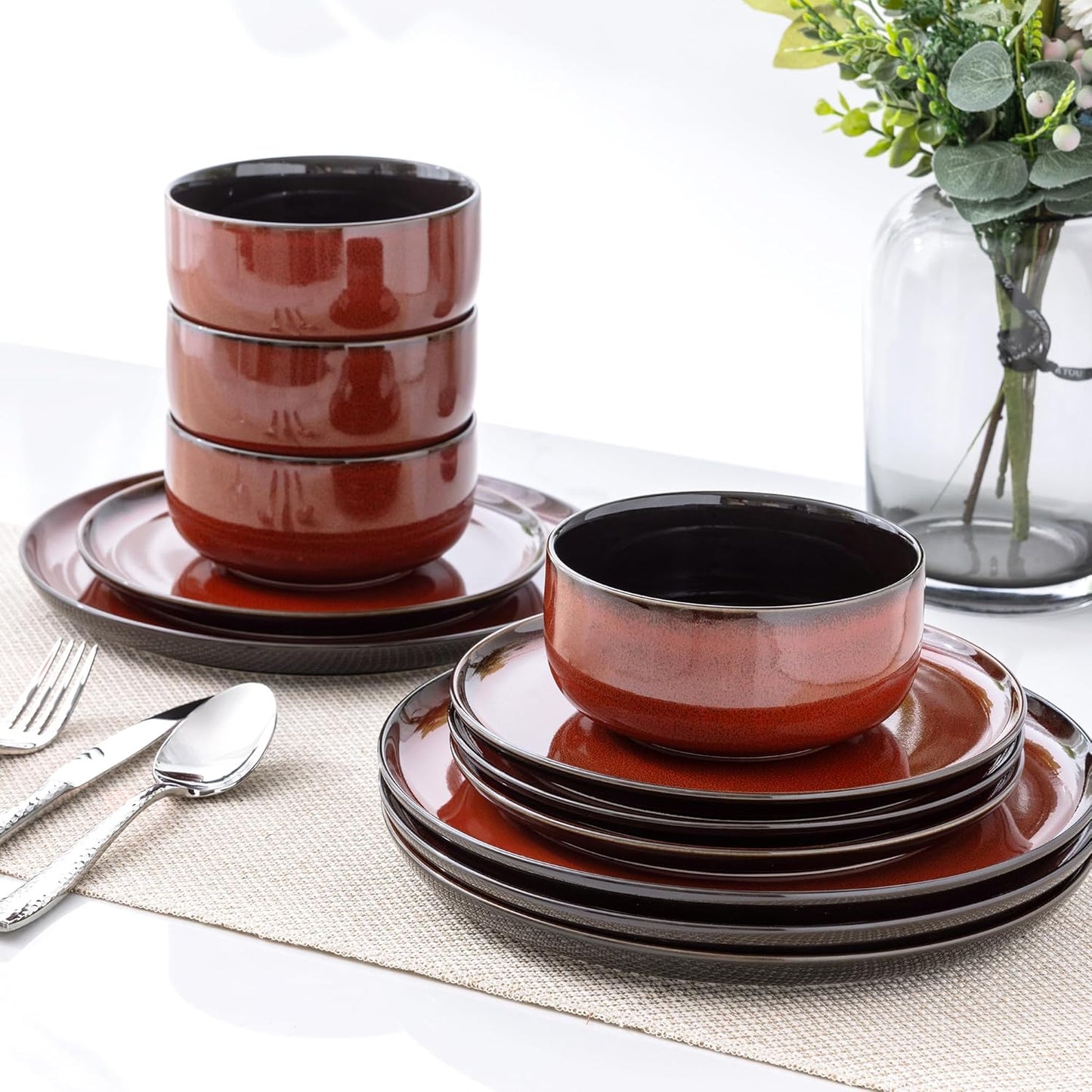 LERATIO Ceramic Dinnerware Sets for 8,Plates and Bowls Sets,Handmade Reactive Glaze Dishes Set,Highly Chip and Crack Resistant | Dishwasher & Microwave & Oven Safe Dishes set,Service for 8-Red(24pc)