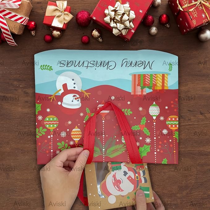 16PCS Christmas Gift Bags, Non-Woven Treat Tote Christmas Bags with Handles for Gifts Wrapping Shopping, Xmas Party Supplies, 12.8"×9.8"×6.7"