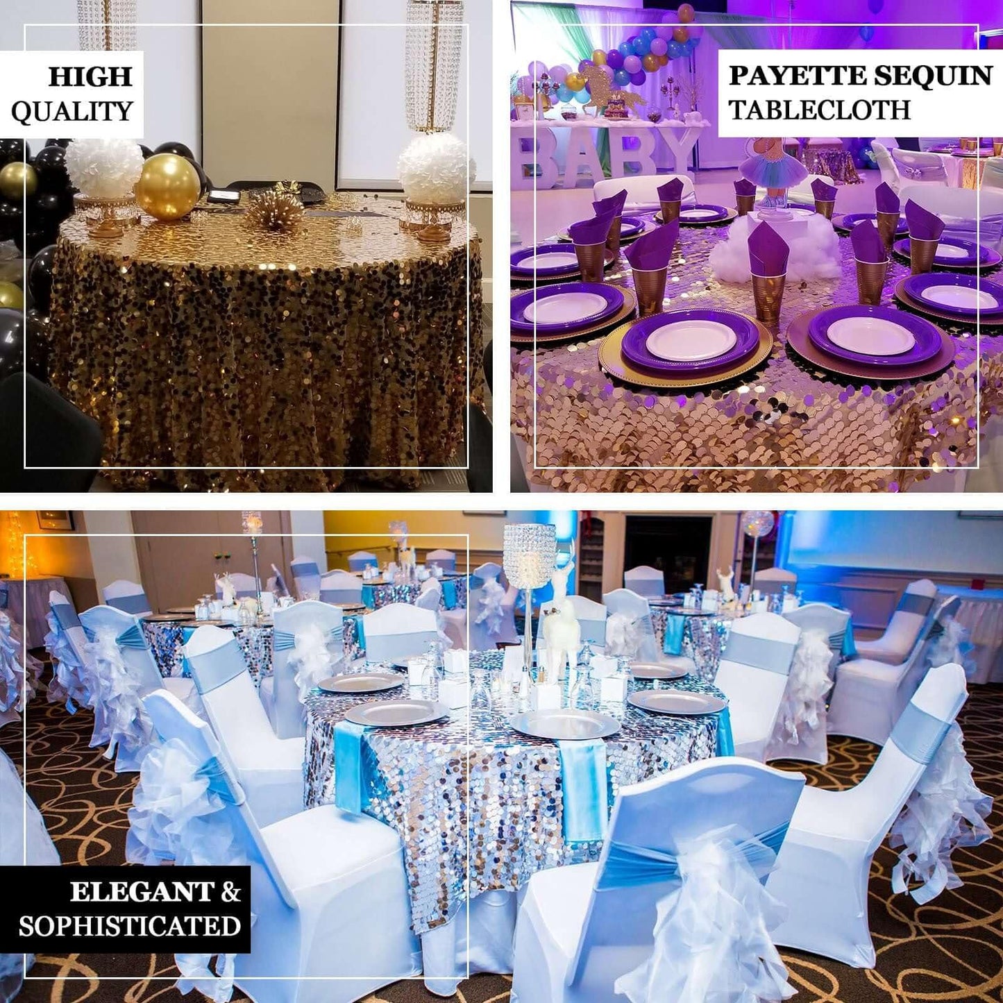 Efavormart 120" Big Payette Sparkly Sequin Round Tablecloth for Wedding Banquet Party - Silver - Premium Collection