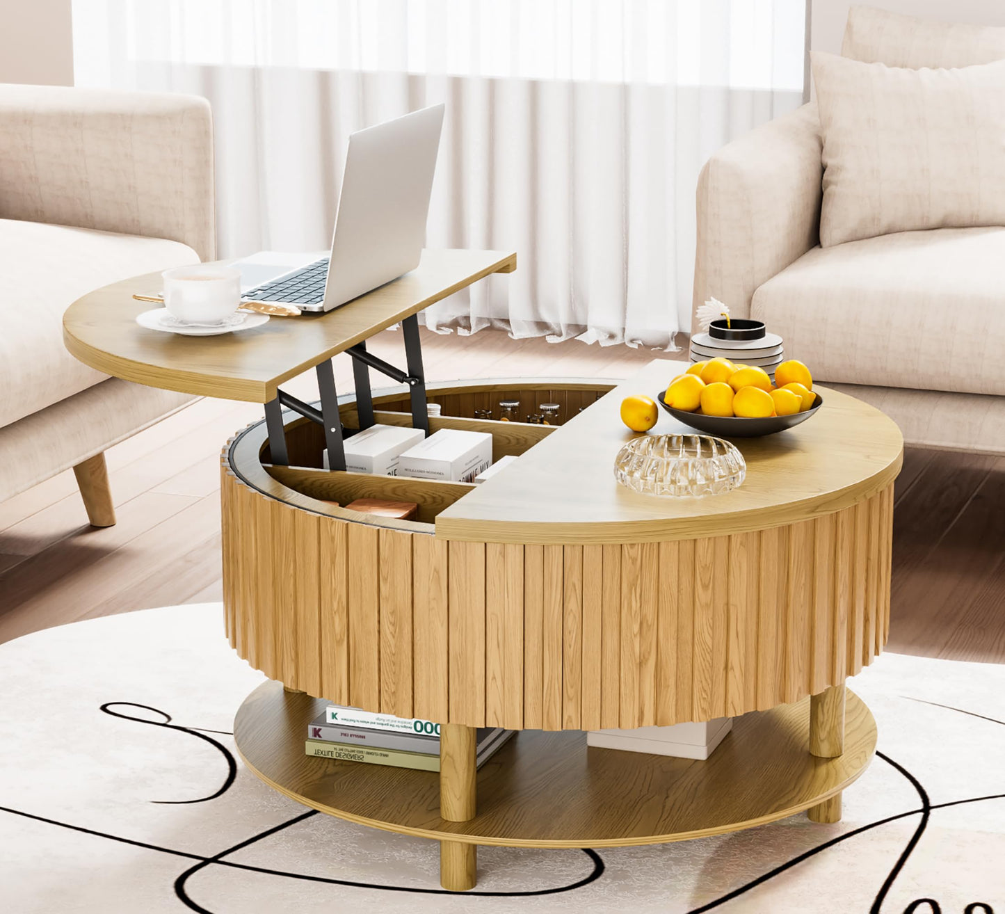 Limaoaio Round Lift Top Coffee Table with Storage, 31.5'' Modern 2-Tier Coffee Table with Hidden Storage Compartment and Open Shelf, Fluted Center Table for Living Room Home Office (Wood Color)