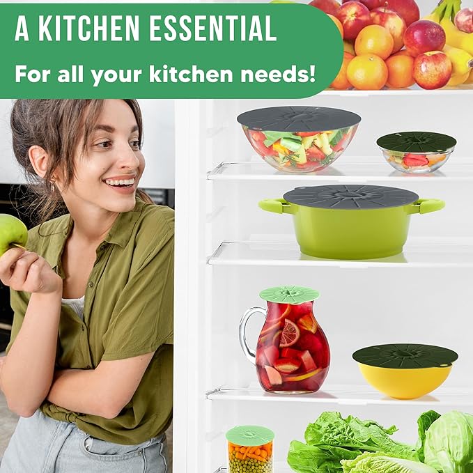 Silicone Lids for Food Storage - 5 Pack - 3 Sizes - Food Grade - Reusable Silicone Bowl Covers for Pots and Pans - Microwave Splatter Cover - Fits Cups, Plates,-Stove, Oven, Fridge, Dishwasher Safe