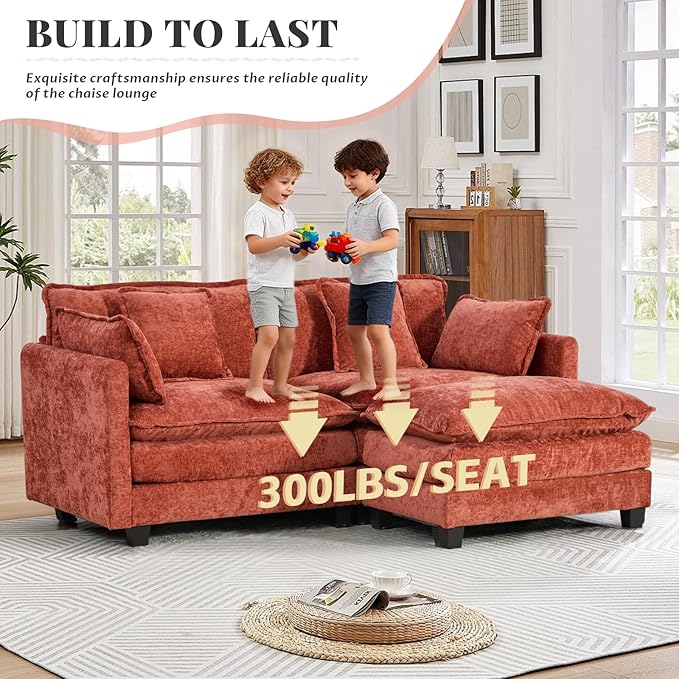 SoarFlash Chenille 77.95" Sectional Sofa, Comfy L Shaped Modular Coush Sofa with Ottoman, Modern 2 Seat Couch Deep Seat Sofa Set for Living Room,Orange
