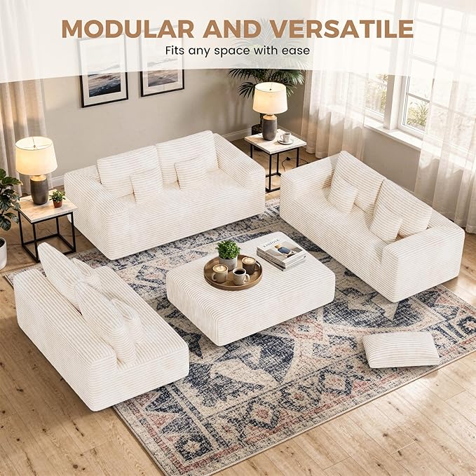 136'' Large Sectional Cloud Couches with Chaise, U Shaped Boneless Sofa Bed with Ottoman, No Assembly Required Deep Seat Modular Lounge for Living Room 4PCS Set, Bedroom(Beige)
