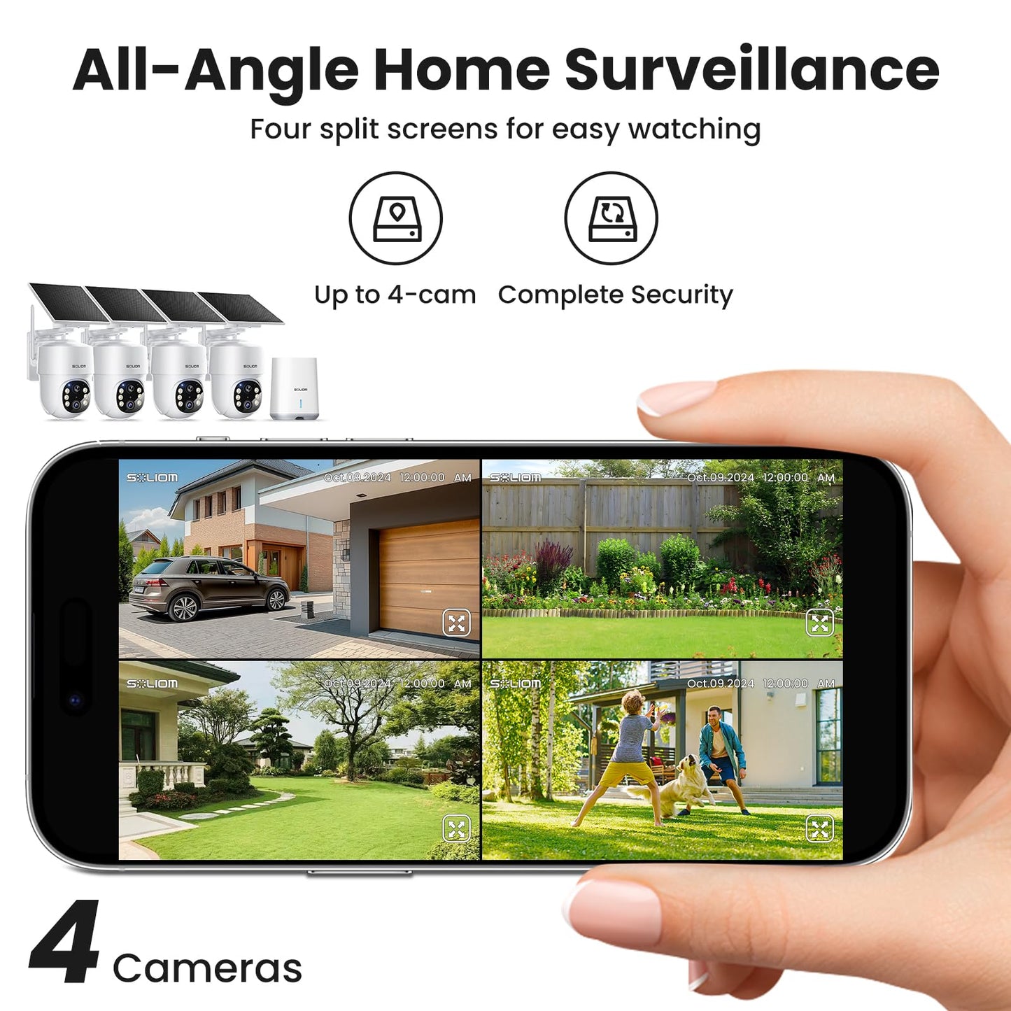 SOLIOM- 5MP Security Cameras Wireless Outdoor, No Subscription & Solar Powered,4-Cam Pack Cameras for Home Security with 360° Auto Motion Tracking, 3K Color Night Vision,5G & 2.4G Router Compatible