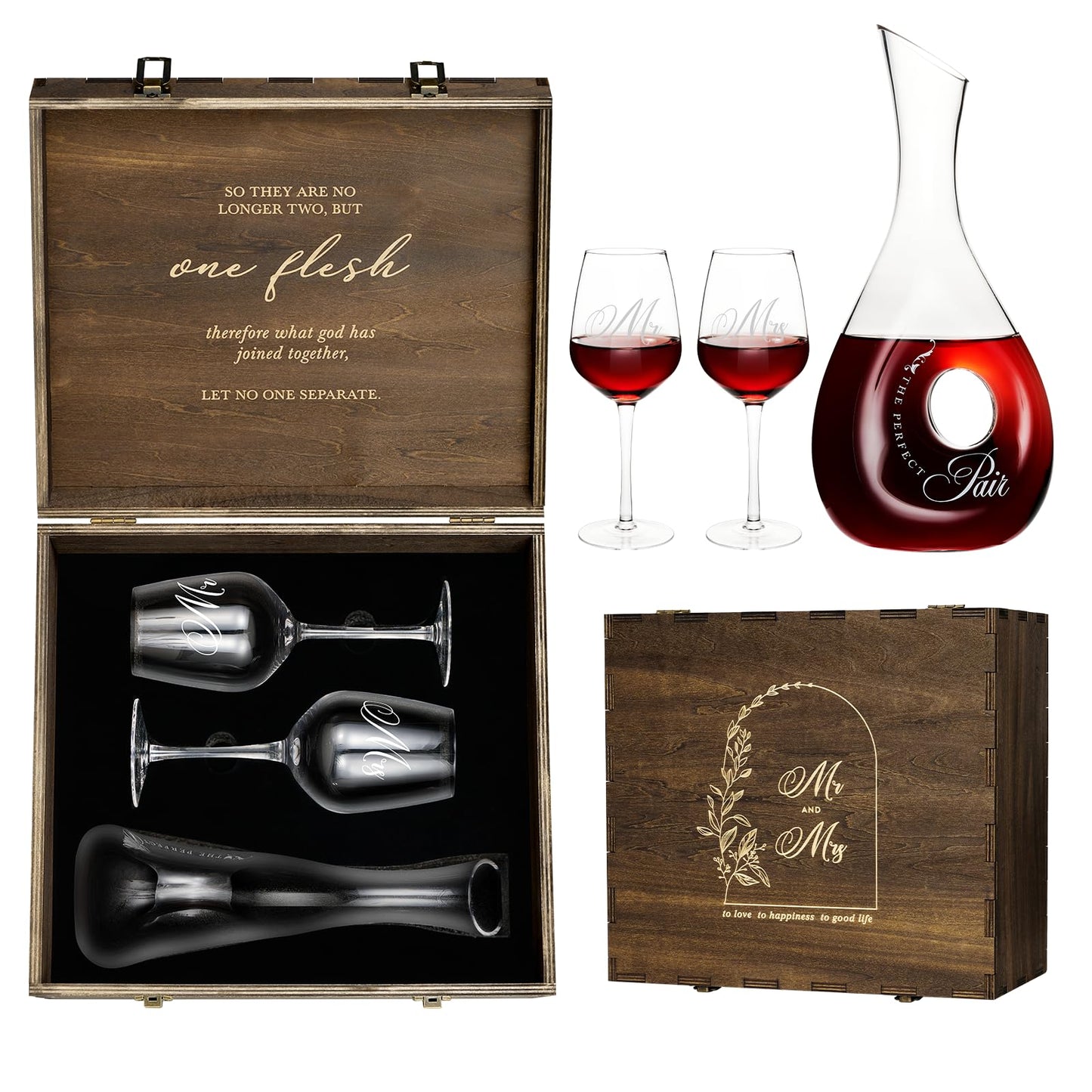 AW BRIDAL Mr and Mrs Wine Glasses and Decanter Set, Wedding Bridal Shower Engagement Gift for Couples 2025, Wedding Glasses for Anniversary Bride Bachelorette with Wood Keepsake Box