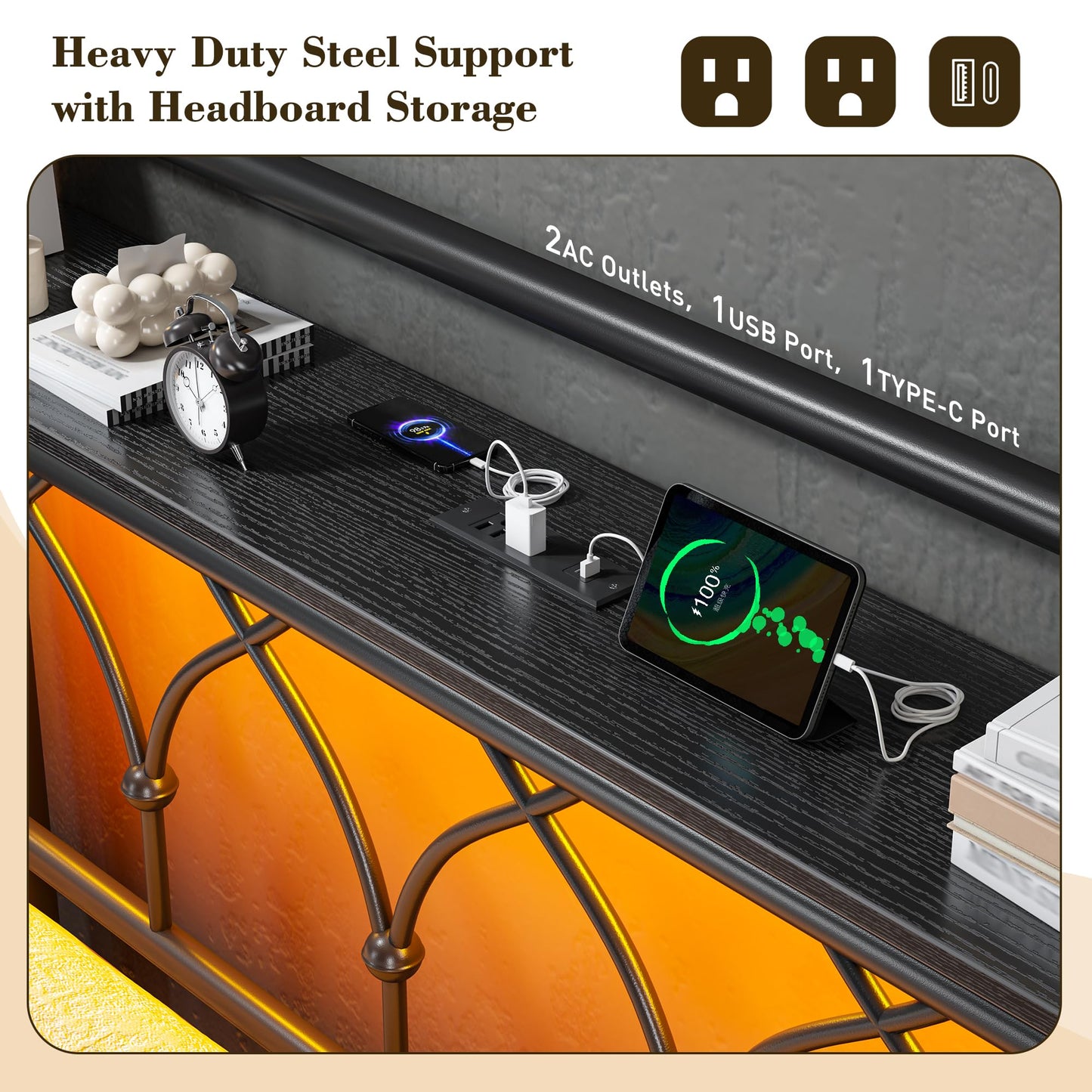EnHomee Queen Bed Frame with Headboard, Metal Bed Frame Queen Size with LED Lights and Power Outlets, Heavy Duty Steel Slats Support with Storage, Sturdy & Noise-Free, No Box Spring Needed, Black