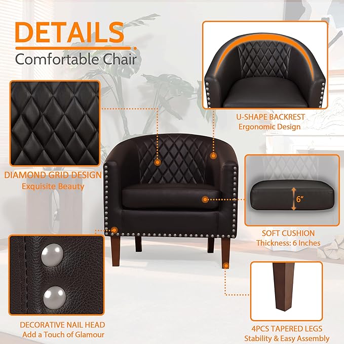 PrimeZone Barrel Chair, Comfy Accent Chair, Faux Leather Living Room Chairs Club Chairs with Cushion, Nailhead Trim and Diamond Mesh Backrest, Reading Chairs for Bedroom Waiting Room, 8PCS, Brown