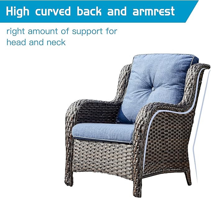 Rilyson Outdoor Furniture Set, 5-Piece Patio Rattan Wicker Sectional Sofa Set with 3-Seat Couch, 2 Armchairs, 2 Ottoman Footrests for Patio Conversation (5 PC,Brown/Blue)