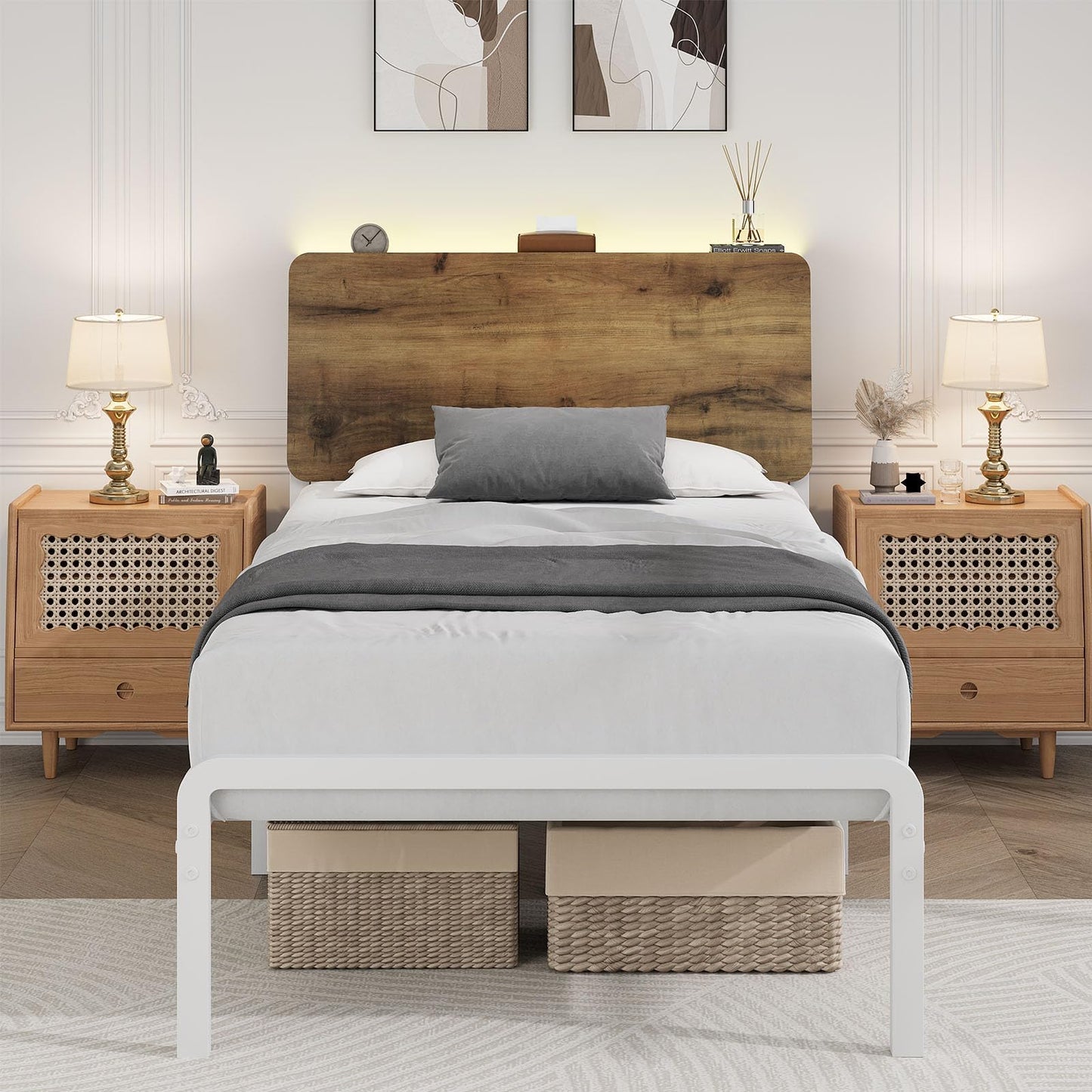 MaverickFurni Twin Bed Frame, LED Bed Frame with Storage Headboard, Metal Platform Bed Twin Size, Heavy Duty Metal Slats, No Box Spring Needed, Easy Assembly, White and Walnut