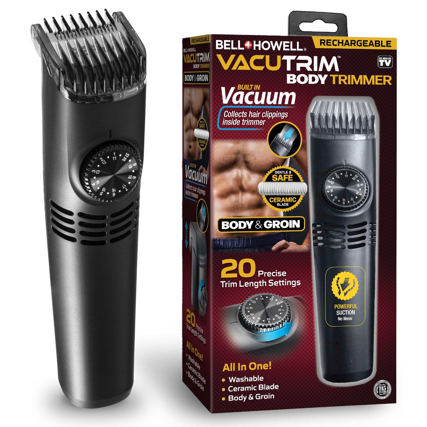 Bell+Howell Vacutrim Cordless Body Shaver for Men, Rechargeable Grooming Tool with 20 Trim Settings, Integrated Vacuum System - Black, 7.5", As Seen On TV