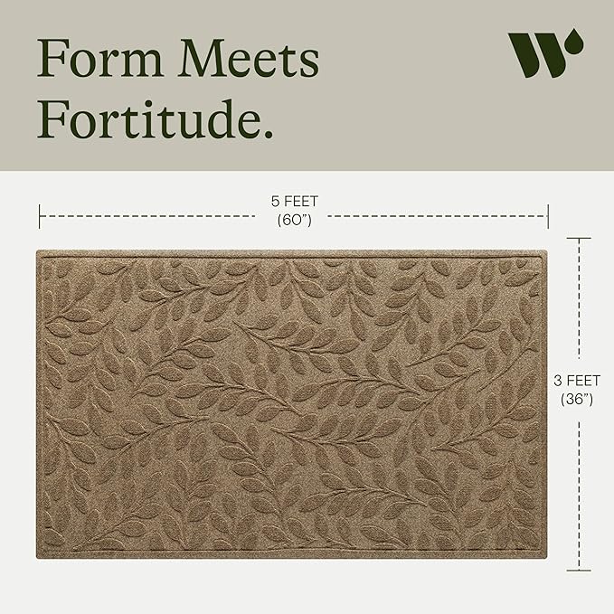 WaterHog Welcome Mat for Indoor/Outdoor, 3’ x 5’, Made in USA, Durable & Water-Resistant, Dirt Trapping Mat, Decorative Front Door and Entryway Rug, Brittney Leaf Design, Camel