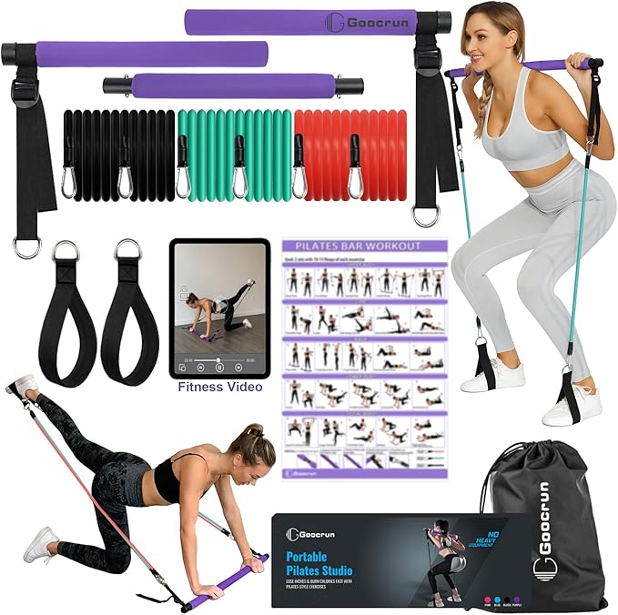 Goocrun Portable Pilates Bar Kit with Resistance Bands for Men and Women - 3 Set Exercise Resistance Bands - Multifunction...