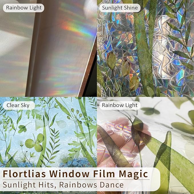 Rainbow Watercolor Green Leaves Window Film, Privacy Iridescent Static Cling Double-Sided Decals for Window Door Glass Decor, Herbs, 39.37" x 16.93"