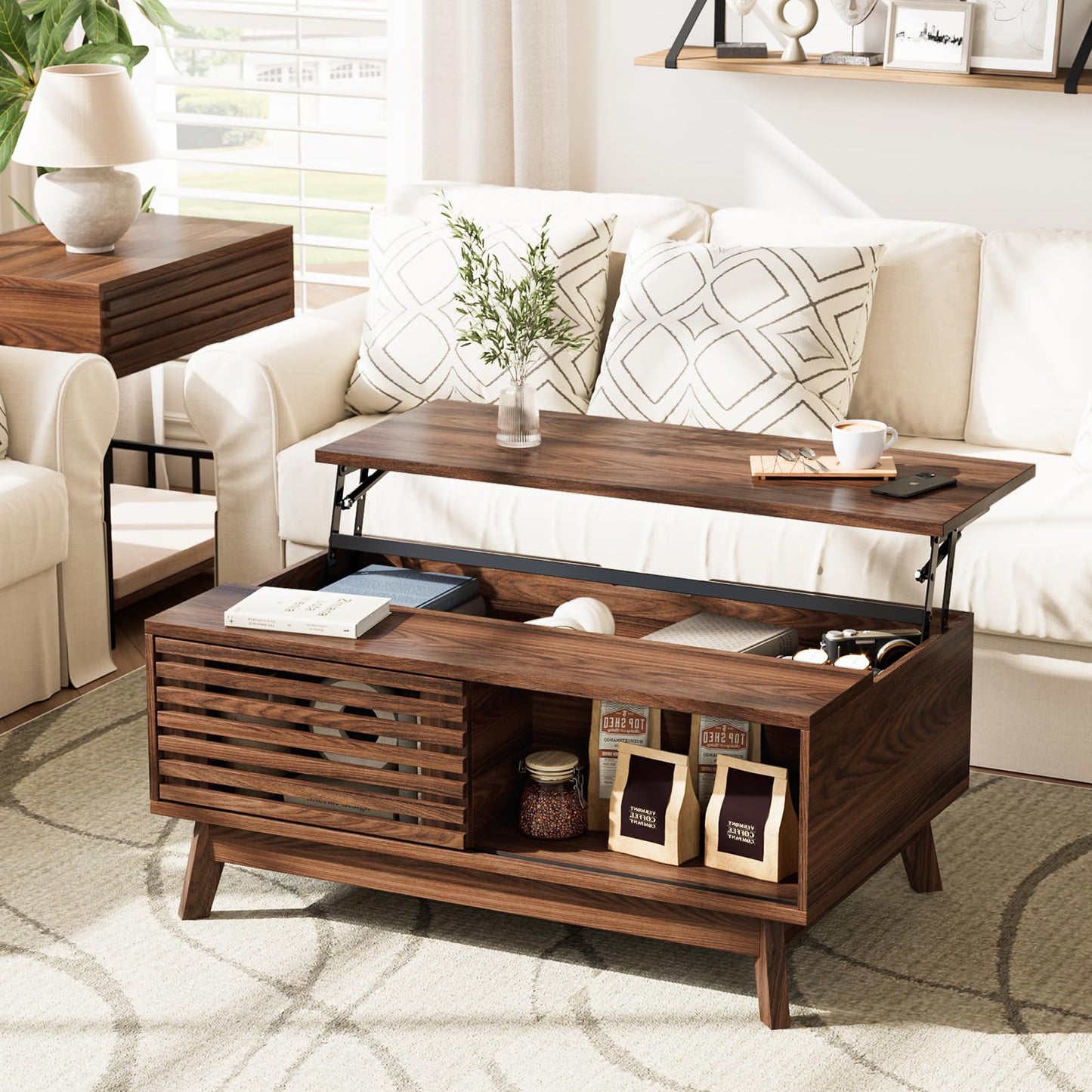 HAIOOU Lift Top Coffee Table, Mid Century Modern Coffee Table with Storage for Living Room, Walnut Coffee Tables with Sliding Fence Door, 35.4'' Rectangular Fluted Center Table (Brown)