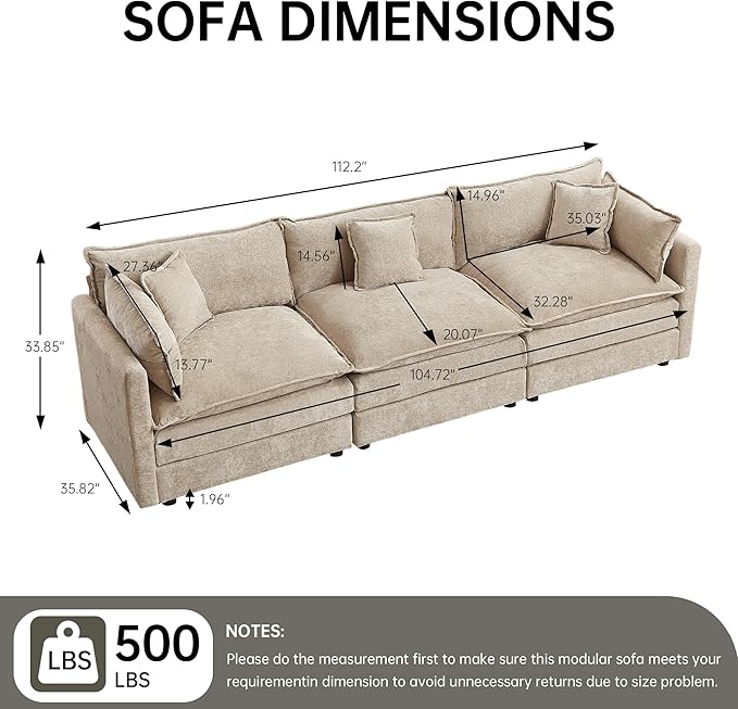 saows Modular Sectional Sofa, 112.2 Inch Rectangle Shaped Couch Set with Armrests, 3-Seater Comfy Cloud Couches for Living Room Apartment, Coffee