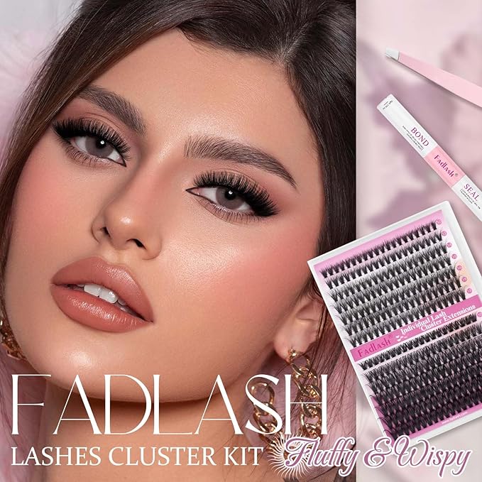 FADLASH Lash Extension Kit 40D+50D Lash Clusters D Curl Lash Cluster Kit DIY Eyelash Extension Kit with Lash Bond and Seal Lash Tweezer Cluster Lashes (Kit, 40D+50D-07D-Mix10-18)