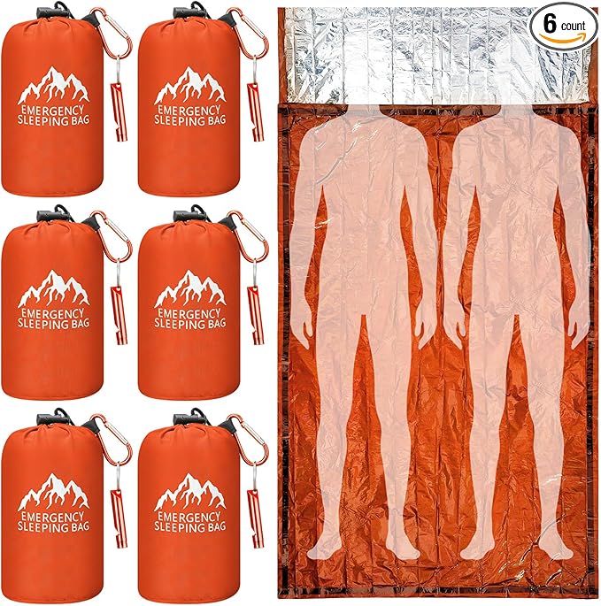 Oudain 6 Pcs XL Emergency Sleeping Bag 94.5" x 49.2" Waterproof Survival Sleeping Bag with Whistle Carabiner Portable Ther...