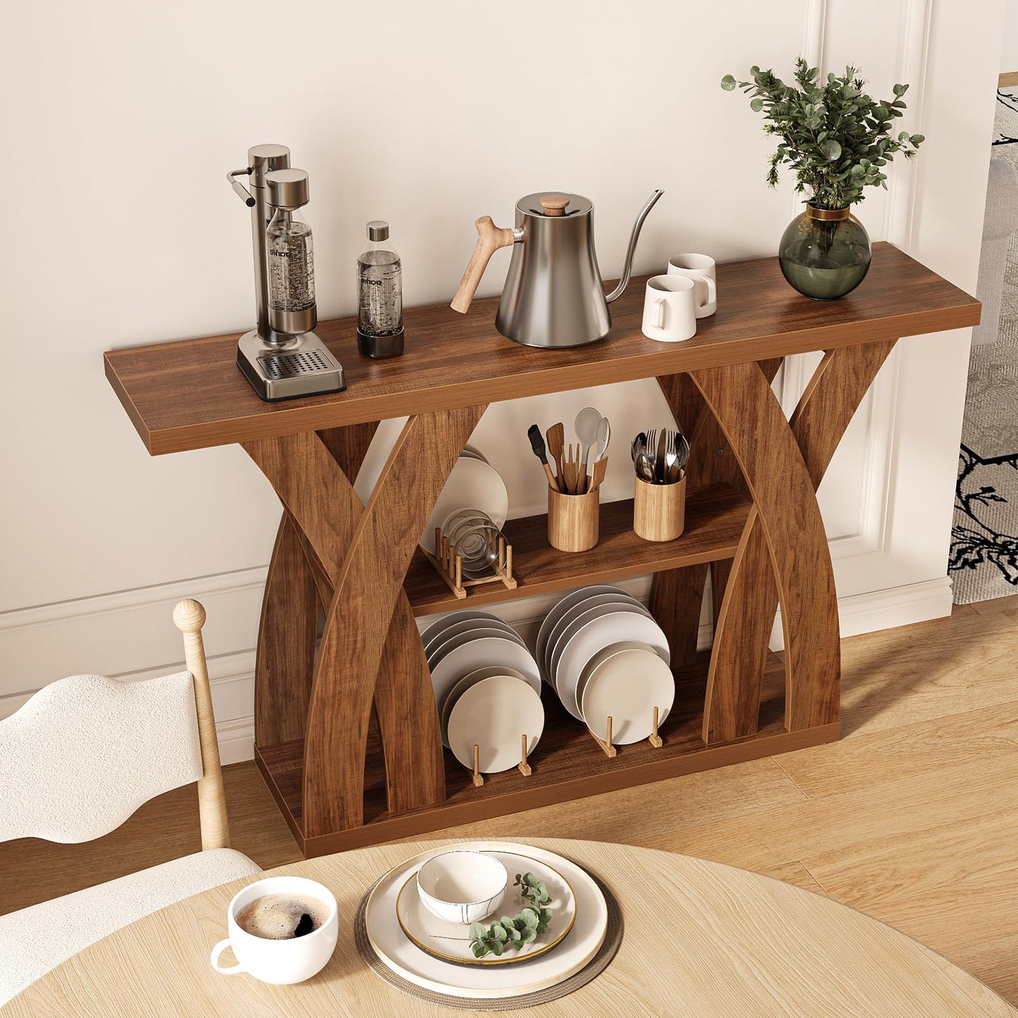 Tarnorci Console Tables, 55‘’ Narrow Walnut Console Table 3-Tier Farmhouse Wood Entryway Table for Living Room, Hallway, Foyer (Brown)