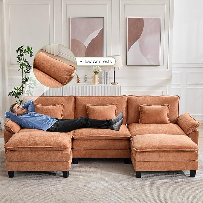 Oprisen 120" Modular Sectional Sofa, Comfy Cloud Couch Sectional Sofa with Ottoman, Chenille Sofa Sleeper Deep Seat Sofa with Throw Pillows for Living Room (Orange, 120"- U Shape)