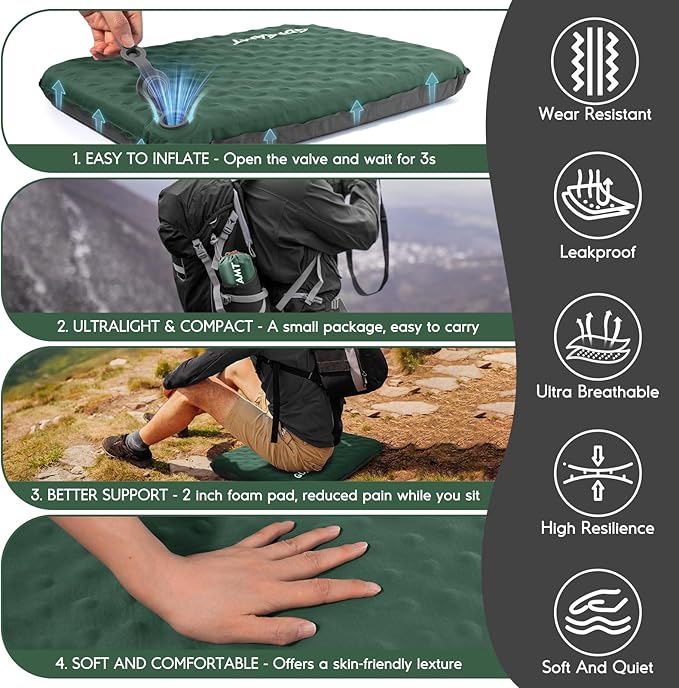 GDREAMT Inflatable Seat Cushion, Self-Inflating Memory Foam Stadium Seats Cushion Lightweight & Compact Chair Sitting Pad Airplane Cushion for Long Flight Travel Outdoor Camping Car Bleachers Office