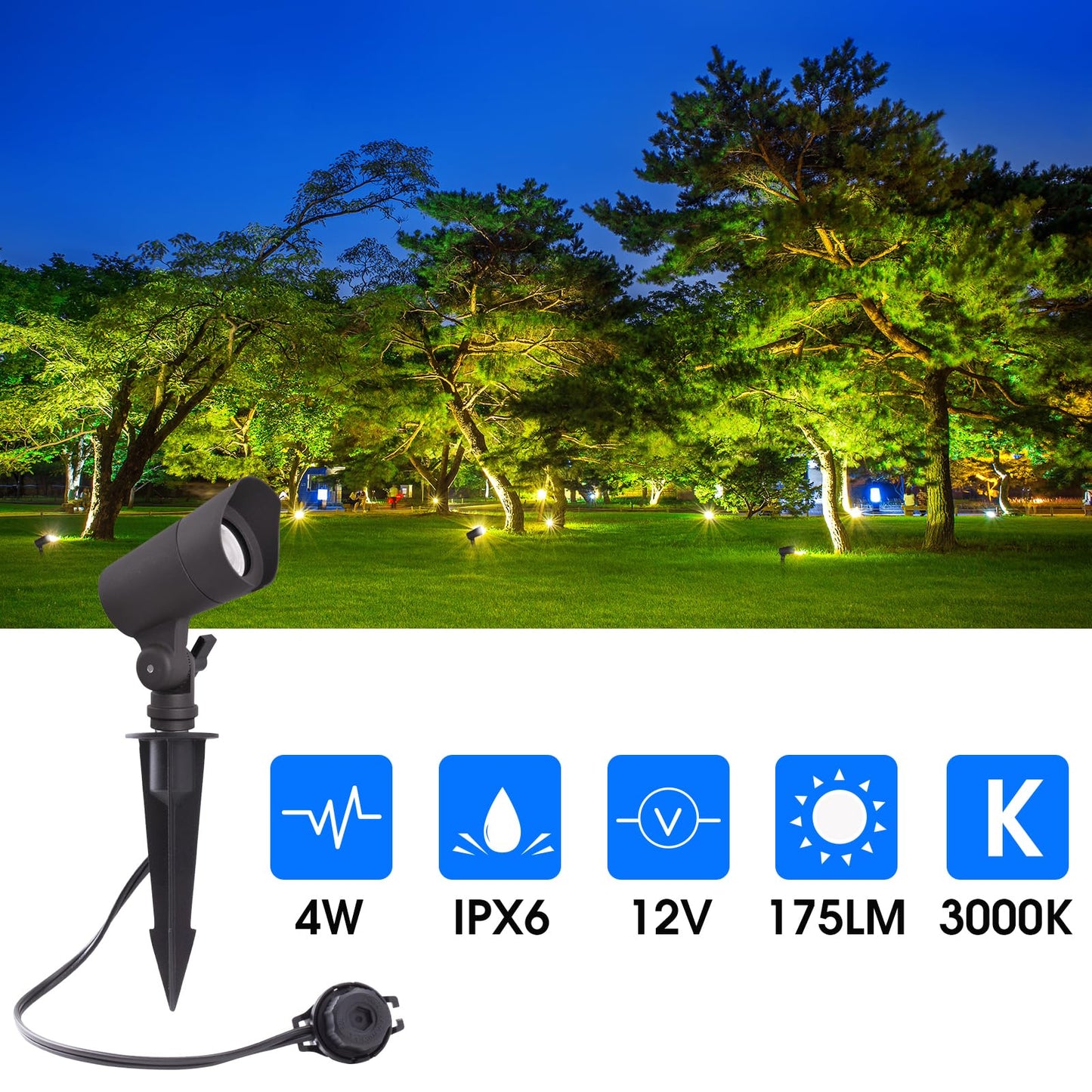 LED Landscape Lights with Connectors, 12V Low Voltage, Warm White 3000k, 4W, 175LM, Outdoor Waterproof Garden Pathway Lights Wall Tree Flag Spotlights with Spike Stand, 6 Pack