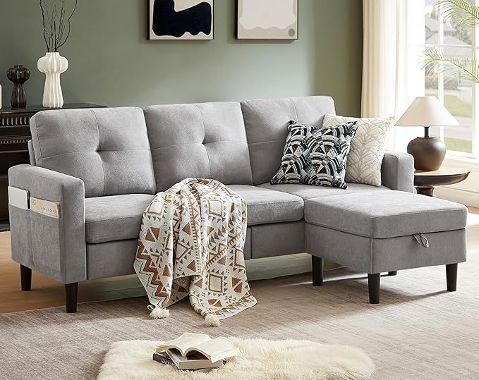 Pingliang Home 80" Convertible Sectional Sofa Couch with Movable Ottoman, 3 Seats Sectional Sofas L Shaped Couch for Small Spaces, Soft Fabric Couch for Living Room (Light Grey)