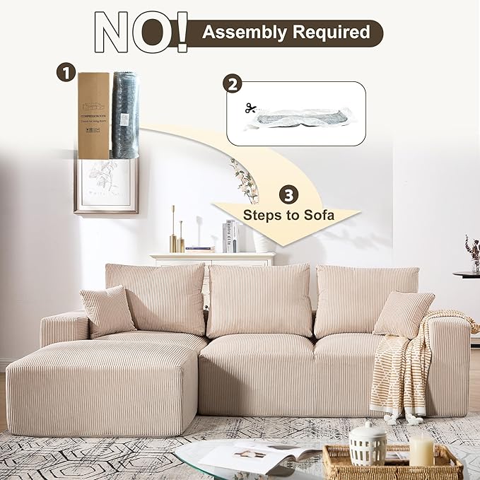 108" Modular Sectional Sofa, Compression Sofa with Deep Seat, Modular L-Shape Couch with Chaise, Upholstered Couches for Living Room Bedroom, No Assembly Required (Oat Corduroy, 108" L Shape)